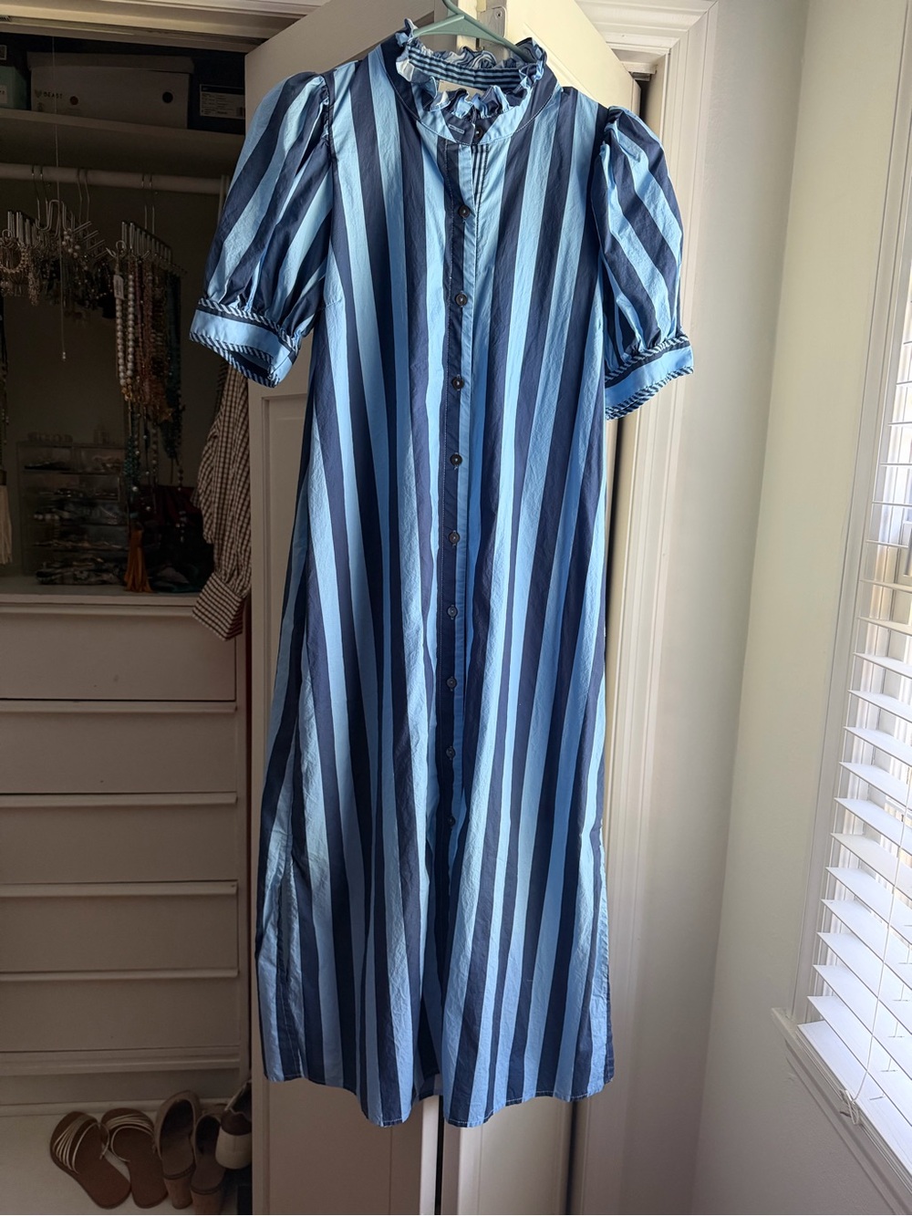 entro Blue Striped Ruffle Collar Maxi Dress